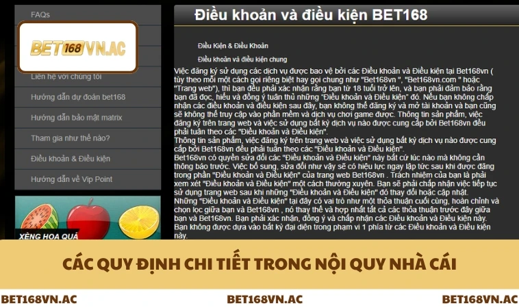 Điều Khoản Sử Dụng Bet168Vn 2 Các quy định chi tiết trong nội quy nhà cái